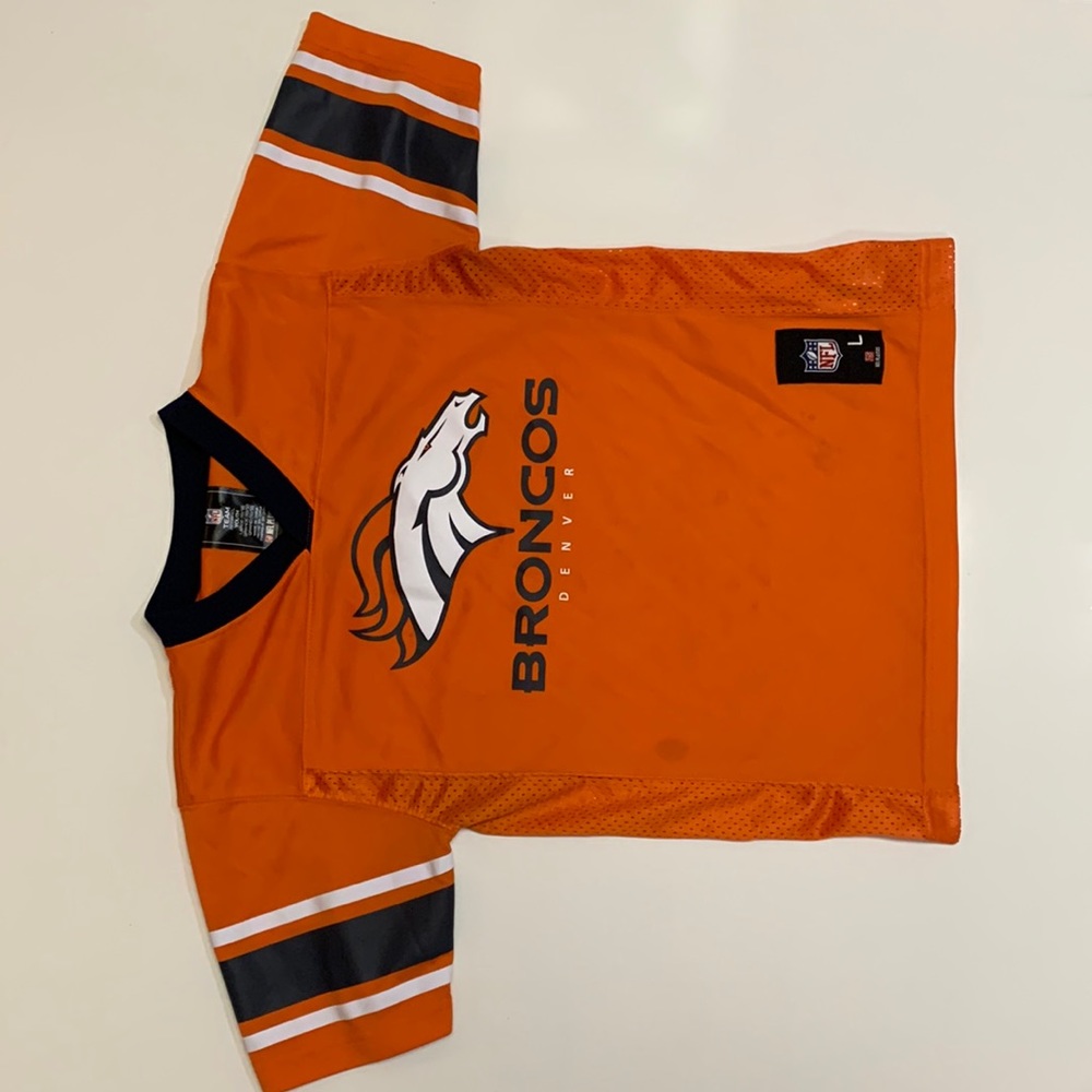 Orange NFL Denver Bronco’s jersey. Authentic NFL team apparel. Youth large.